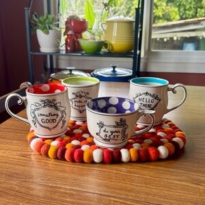 Anthropologie MOLLY HATCH Complete Mug Set Of 4 CROWNED LEAF Stripes Dot